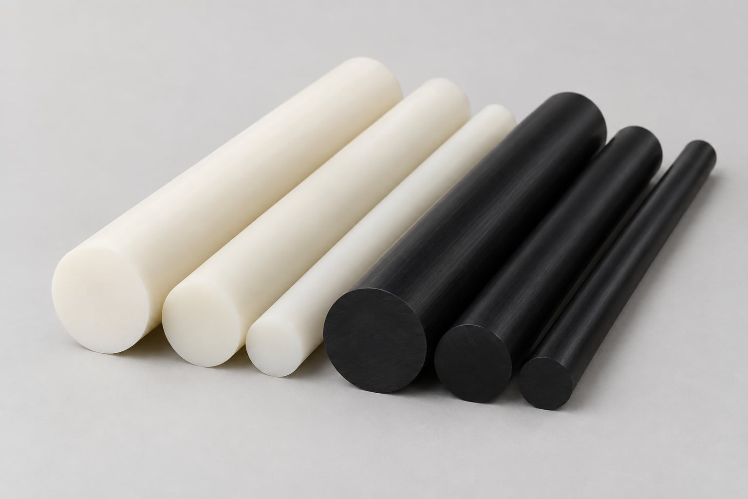 Typical display of white and black solid round bars of engineering plastics